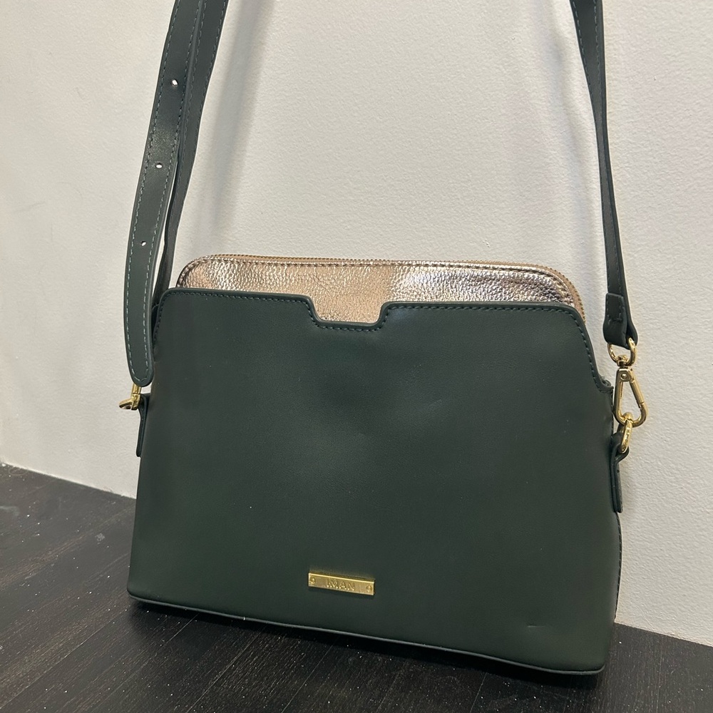 IMAN Slate and Gold 2 in 1 Stylish Leather Crossbody Handbag